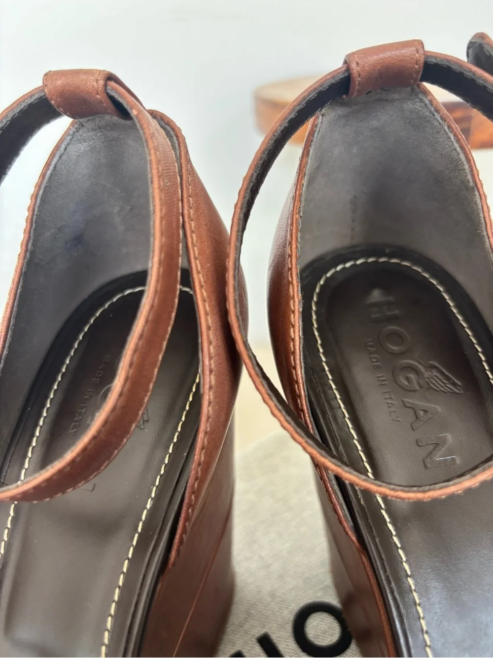 Hogan Brown Leather Wedge Sandals with Ankle Strap, sz 39 Made in Italy
